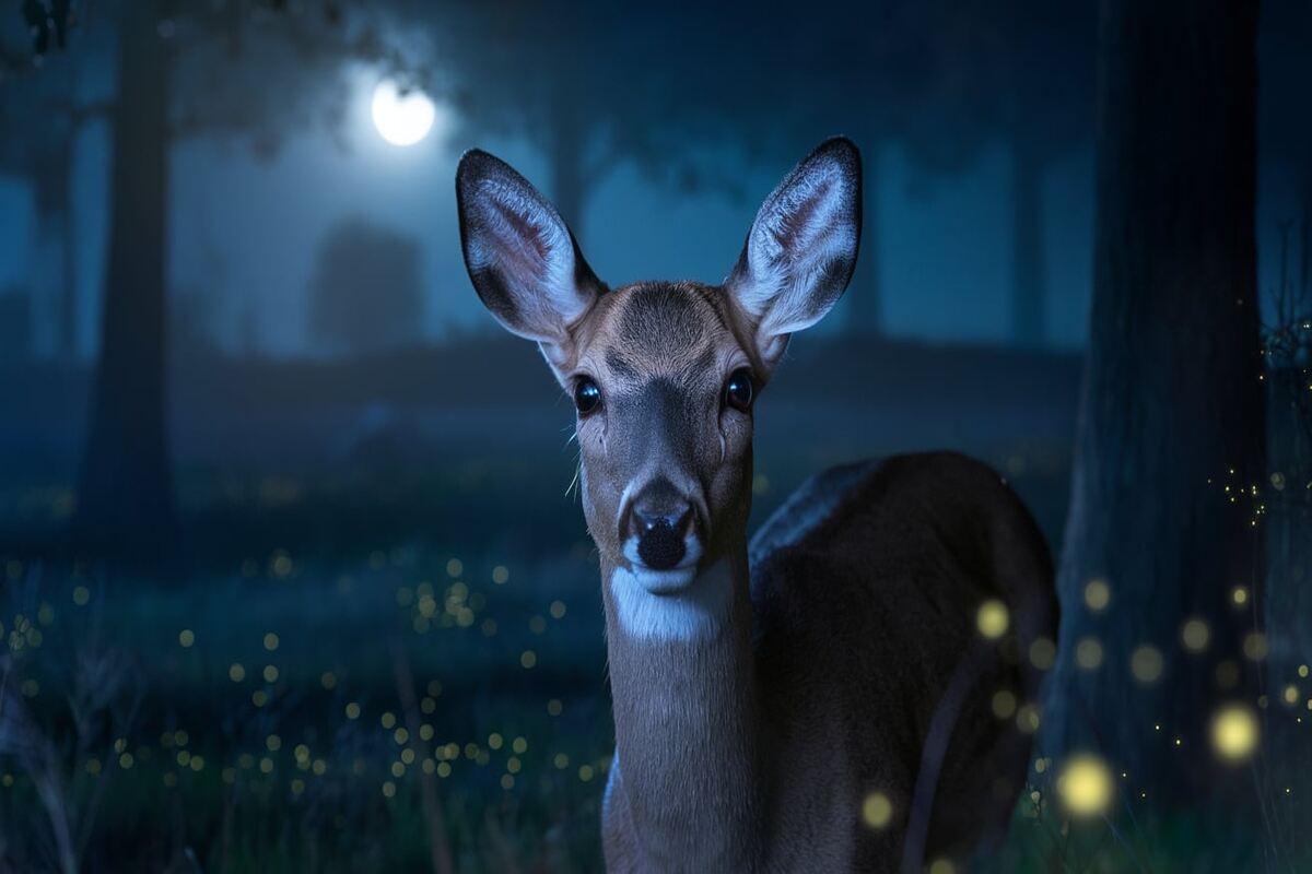 Are Deer Nocturnal? Insights into Their Night Life 3 A close-up of a deer in a dimly lit forest, showcasing its large, reflective eyes.