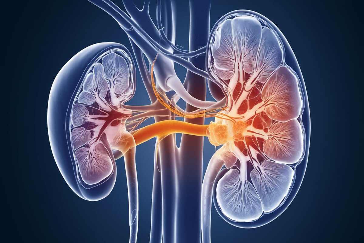 Diagram of the kidney with highlighted regions indicating where renal cancer may develop.
