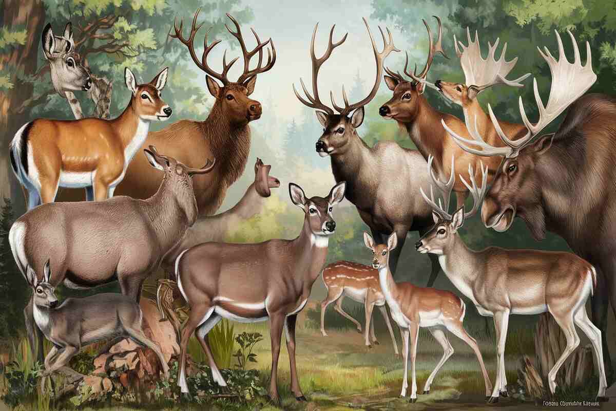 Are Deer Nocturnal? Insights into Their Night Life 2 A detailed illustration of various deer species, including white-tailed, mule, and elk, in a natural setting.