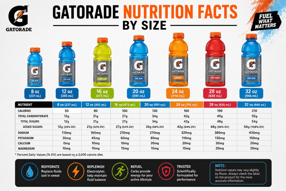 Gatorade Nutrition Facts by size