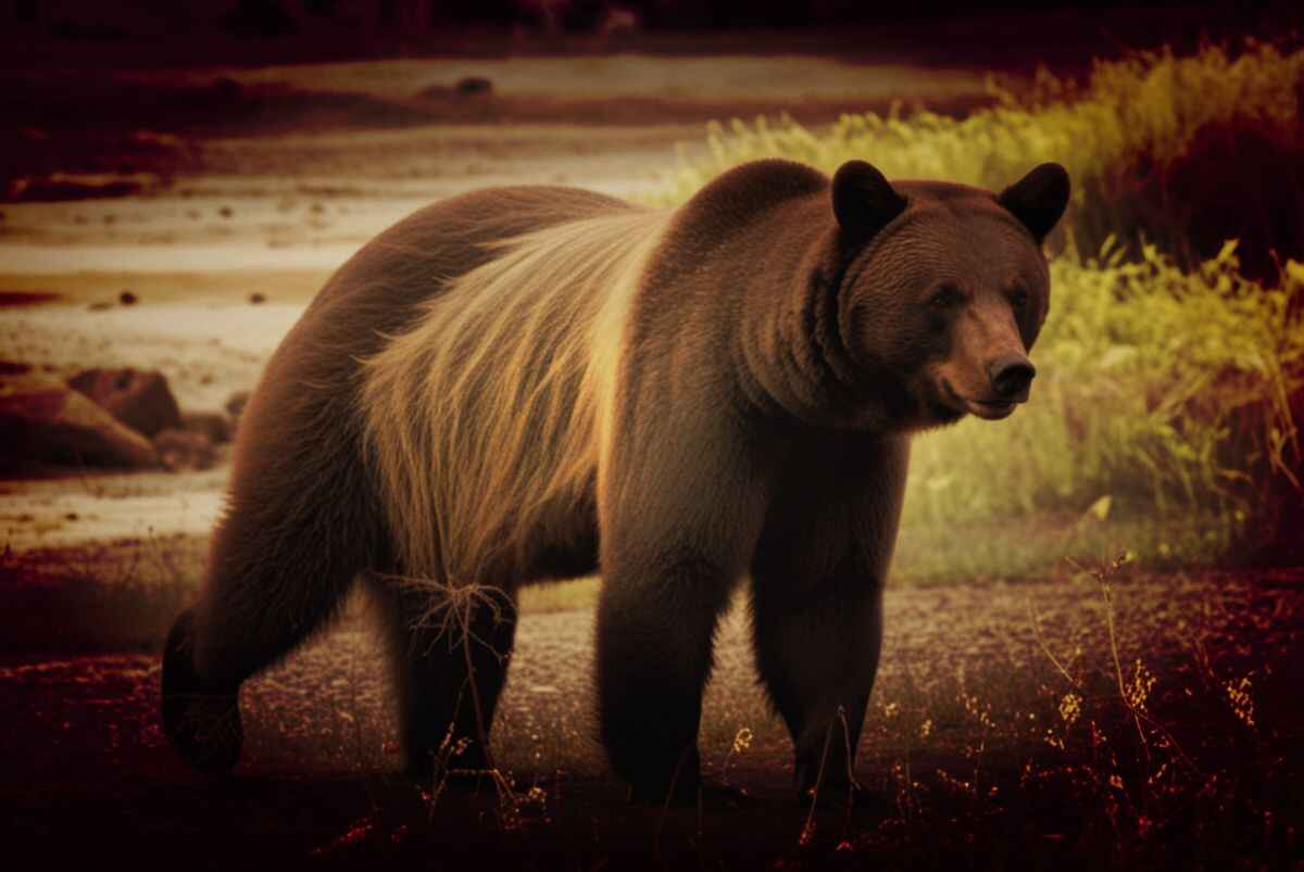 An American Black Bear standing on a rocky terrain surrounded by lush green forest.