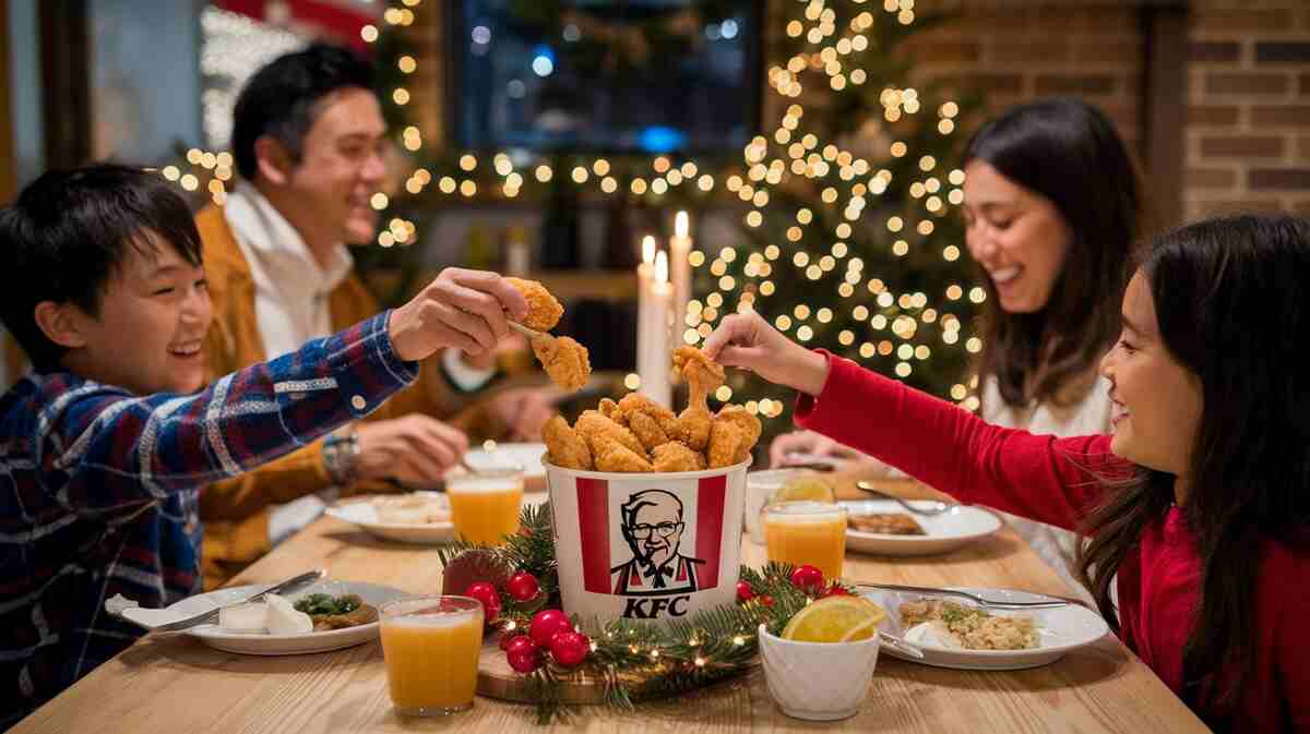 55 Fun Christmas Facts to Delight and Amaze! 7 A festive table in Japan with a bucket of KFC fried chicken,